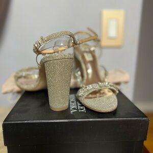 Badgley Mischka Gold Glitter Block Heel Sandals with Jewel Ankle Strap